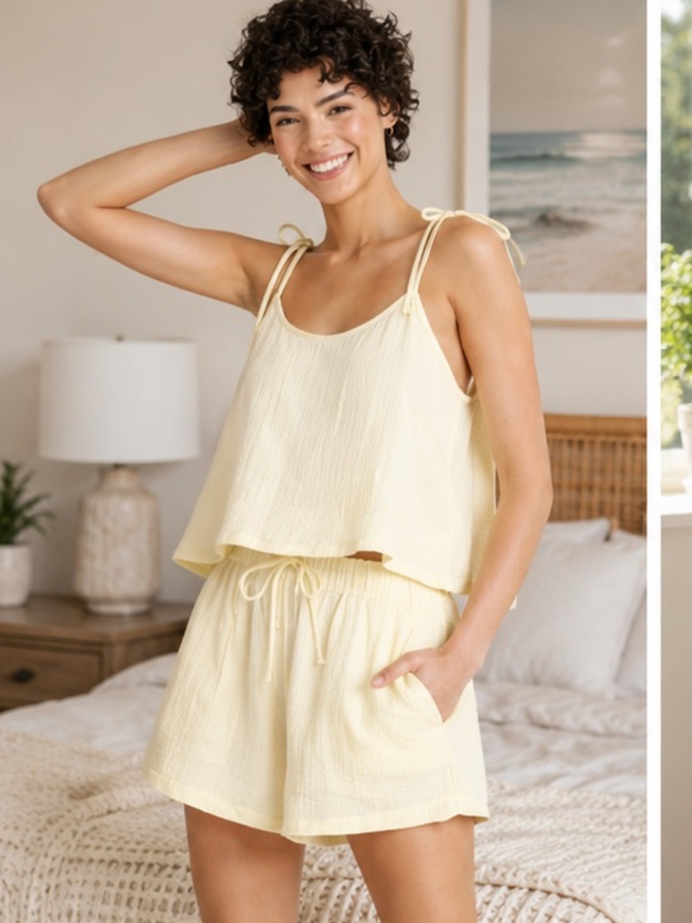 Colsie Butter Yellow Cotton Gauze Pajama Set XL Tank Shorts Lounge **2 for 20**